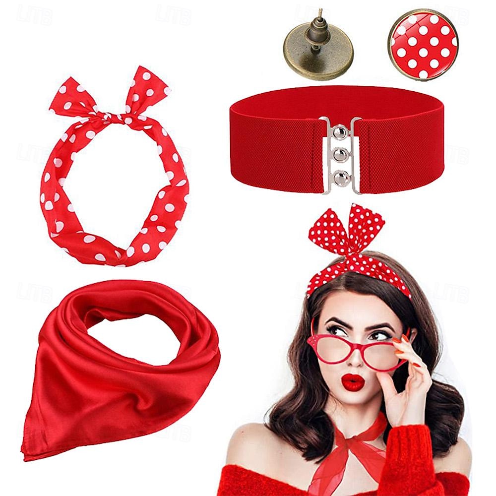 50er Jahre Zubehör Set Retro Vintage 1950er Damen Kostüm Zubehör Kit Roter Taillengürtel Polka Dot Bandana Krawatte Haarband Ohrringe Schal 1950er Jahre Grease Outfits Party Dekor 2026 - $17.99 –P5