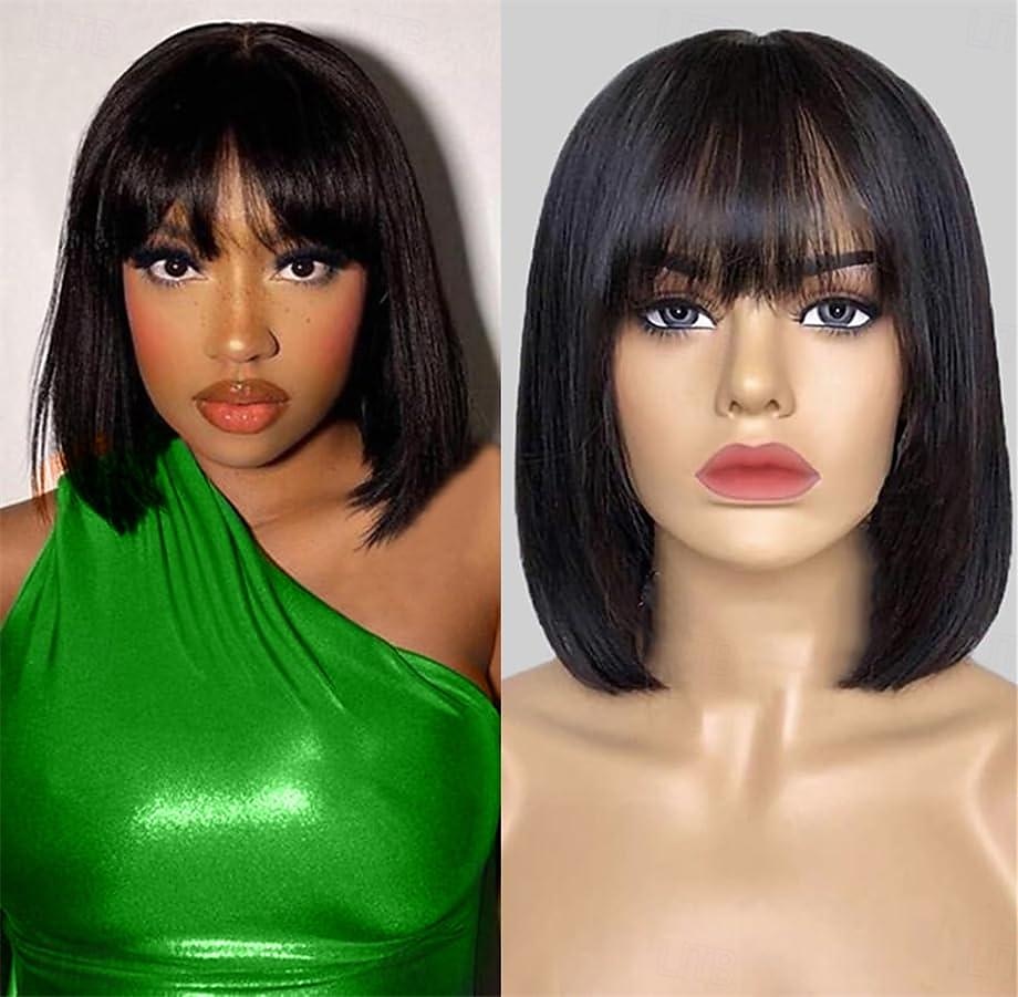 Remy mensenhaar Pruik Kort Recht Zijde Recht Bobkapsel Korte bob Strakke pony Met pony Natuurlijke Kleur Zacht Gemakkelijk aankleden Beste kwaliteit Machinegemaakt Braziliaans haar Dames Zwart 10 2025 - $78.99 –P2