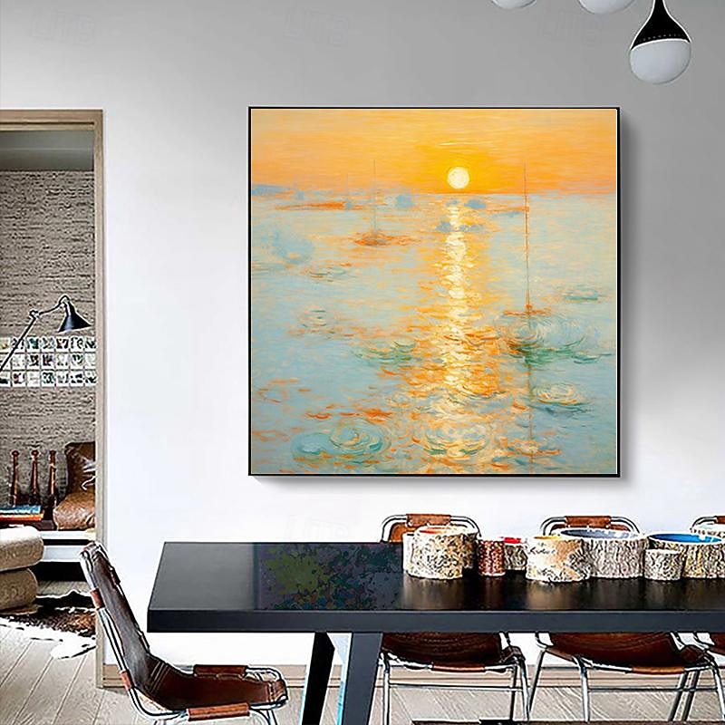 2026年 モネ印象派の風景画、海の日の出、手描きの油絵、クリーム