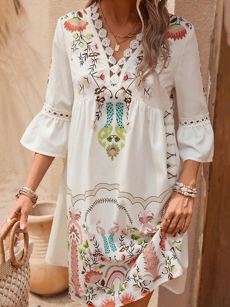 Damen Minikleid Casual kleid Sommerkleid Boho-Kleid Stilvoll Brautkleider schlicht Urlaub Täglich Verabredung Regular Fit Blumen 3/4 Ärmel V Ausschnitt Schwarz Rote Fuchsie Aprikose Sommer 2025 - $27.99 –P11