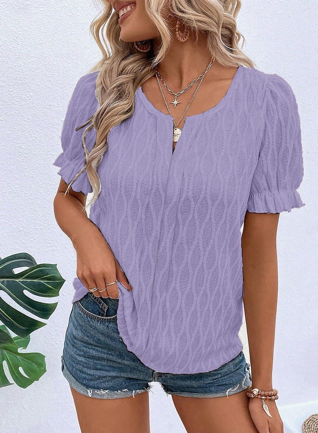 Per donna Camicia in pizzo Manica corta Girocollo Nero Bianco Blu Viola Estate del 2025 a $21.99 –P4