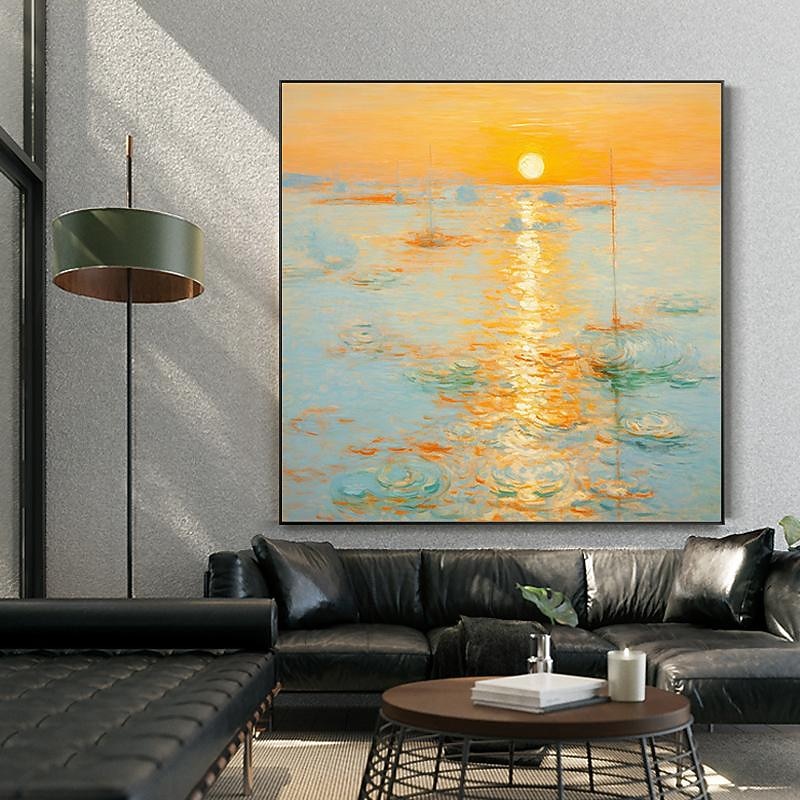 2026年 モネ印象派の風景画、海の日の出、手描きの油絵、クリーム