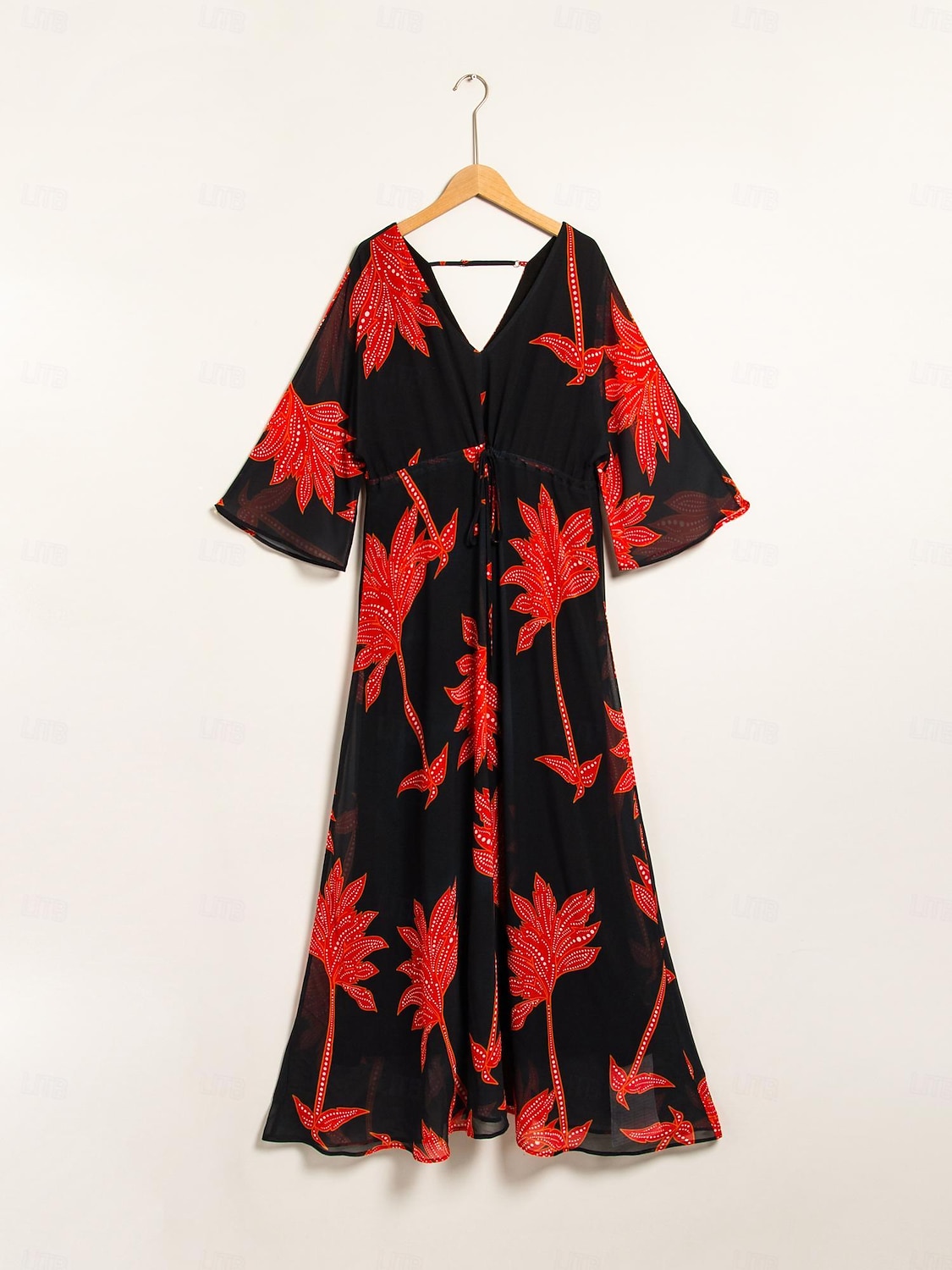 Per donna Abito Stampato Abito maxi Nero Manica 3/4 Foglia Stampa Fiori / Piante Stampa Primavera & Estate Scollo a V Spiaggia S M L del 2025 a $141.99 –P7