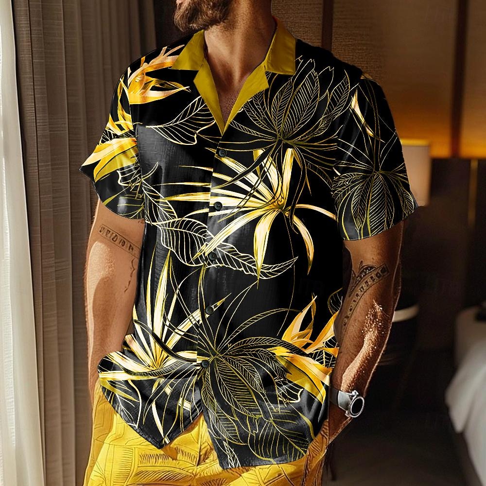 Bărbați Tropical Frunza de palmier Plante tropicale Cămașă Cămașă hawaiană Cămașă Aloha Manșon scurt Cămașă Răsfrânt Hawaiană Stațiune Casual Hawaiian Concediu Galben Albastru piscină Maro S M L 2026 - $23.99 –P1
