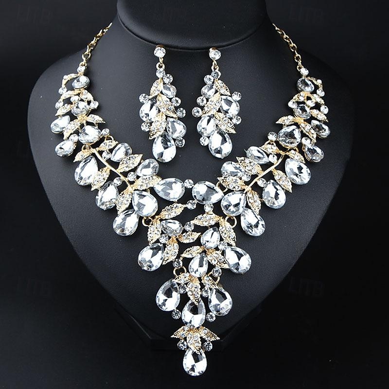 Sieradenset 3 stuks Strass Legering Oorbellen Kettingen Dames Elegant Vintage Stijlvol meetkundig Geometrische vorm Sieraden set Voor Bruiloft Feest Bruiloft gast 2025 - $25.99 –P4