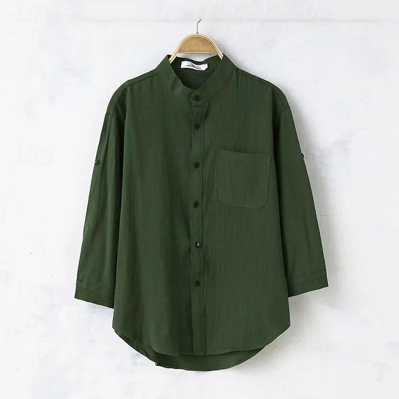 Per uomo Camicia camicia di lino Camicia con colletto cinese Camicia con colletto alla coreana Maglietta informale Camicia di cotone Liscio Da mare Hawaiano Nero Bianco Verde militare Manica a 3/4 A del 2025 a $16.49 –P9
