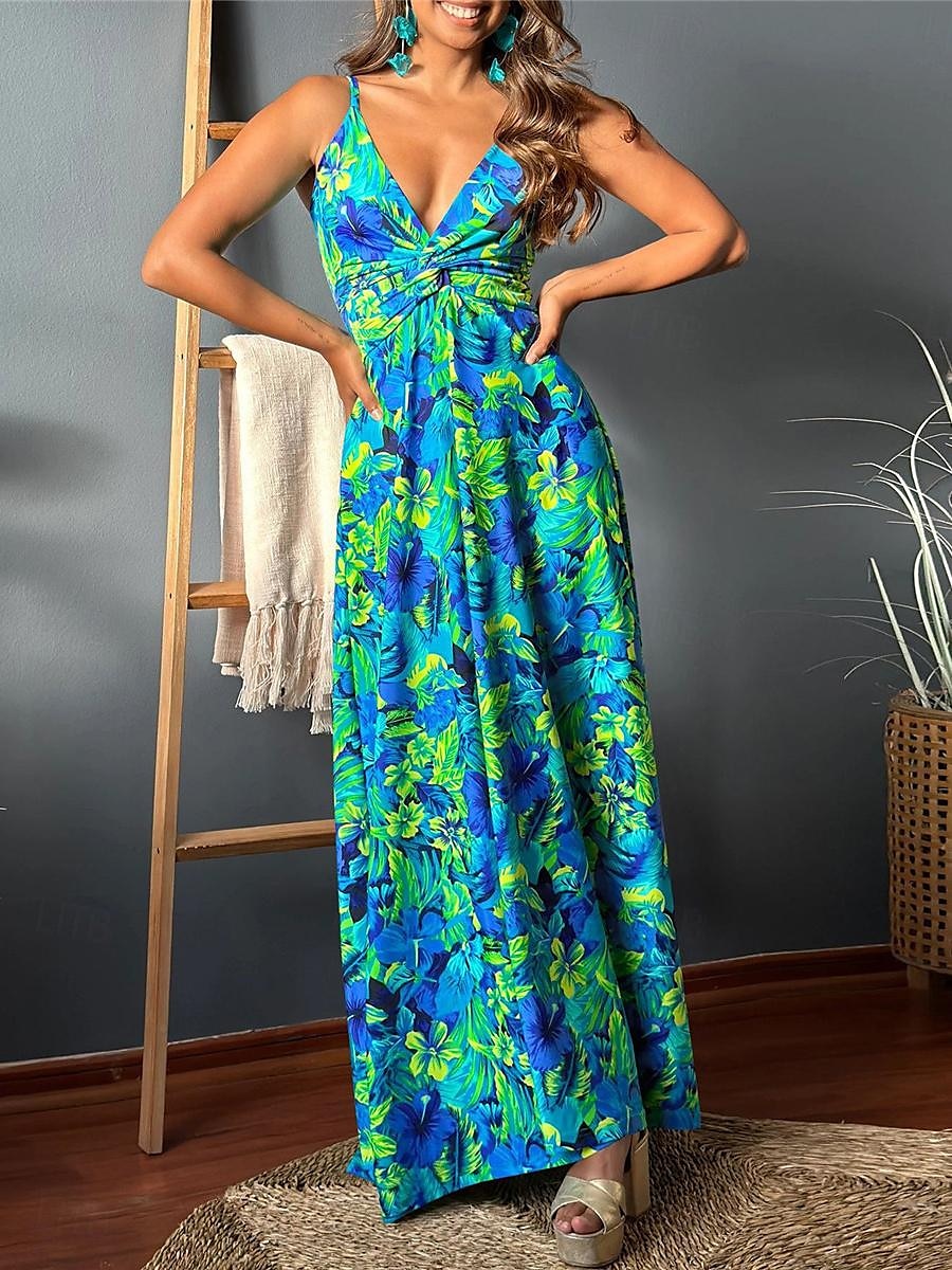 kvinners fritidskjole slipkjole floral blad ryggløst trykk stropp lang kjole maxi kjole hawaiisk uformell hverdagsferie ermeløs sommer 2025 - $41.99 –P11