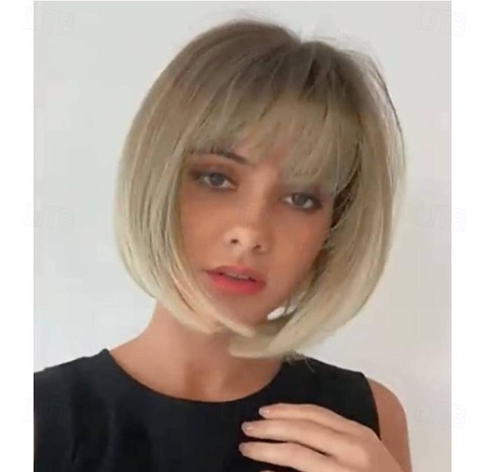 Short Bob Wig with Bangs Heat Resistant Synthetic Straight Wigs for Women Cute Dark Ash Blonde blended with Blonde 10 inches Light Brown Black Brown Light Blonde Blonde 2025 - $20.99 –P2