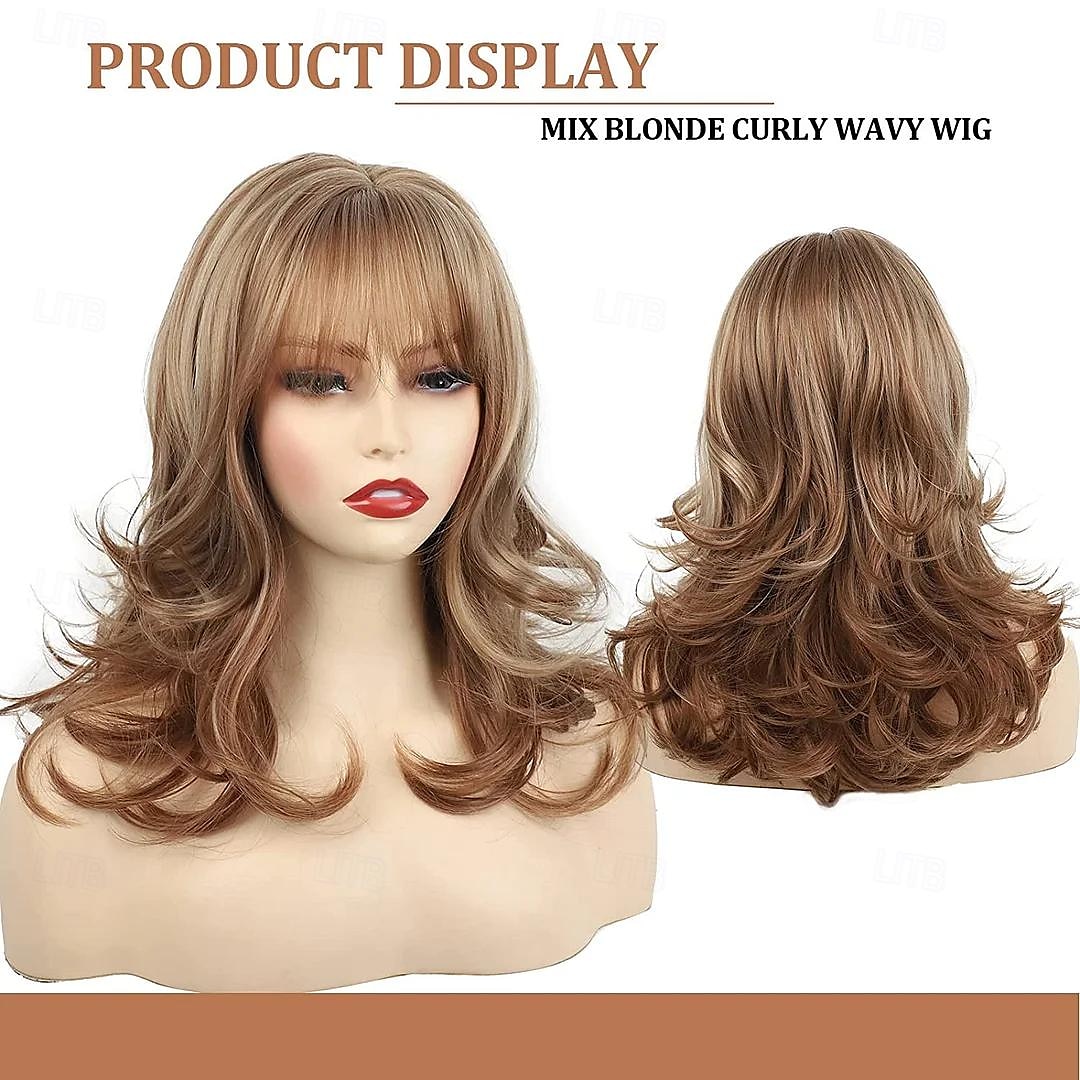Medium Mixed Blonde Curly Wavy Wig Synthetic Wig Yaki Straight With Bangs Wig Medium Length Blonde Synthetic Hair Women's Blonde 2025 - $18.49 –P2