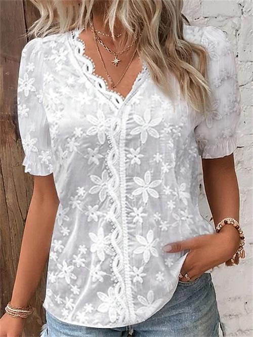 Kanten overhemd Blouse Wit kanten overhemd Dames Wit Effen / effen kleur Kant Dagelijks Elegant V-hals S 2025 - $27.99 –P1