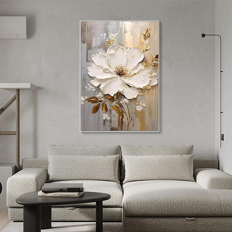 handmålad texturerat guld blomma oljemålning väggkonst abstrakt vit blomma målning på duk minimalistisk modern blommig oljemålning för vardagsrum målning elegant väggdekor fancy väggkonst 2025 - $116.99 –P3
