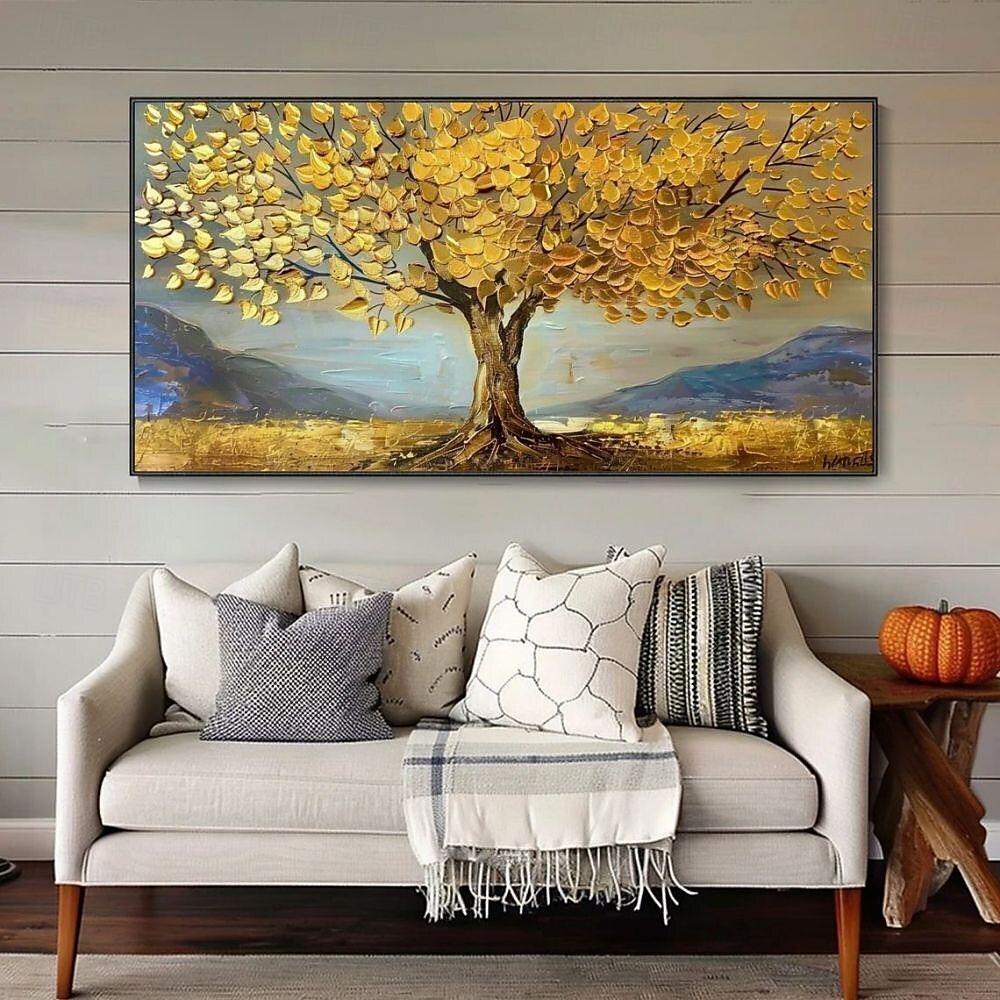 handgemachtes Ölgemälde auf Leinwand, Wandkunst, Dekoration, goldene Baumlandschaft für die Inneneinrichtung, gerolltes, rahmenloses, ungedehntes Gemälde, goldene Baumlandschaft 2025 - $91.99 –P2