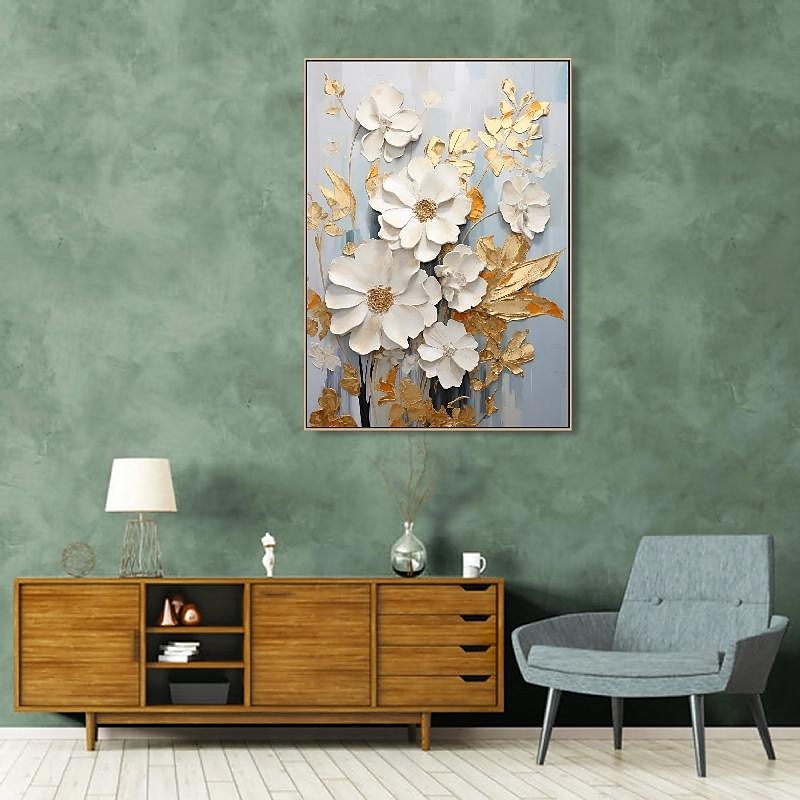handmålad texturerat guld blomma oljemålning väggkonst abstrakt vit blomma målning på duk minimalistisk modern blommig oljemålning för vardagsrum målning elegant väggdekor fancy väggkonst 2025 - $116.99 –P8