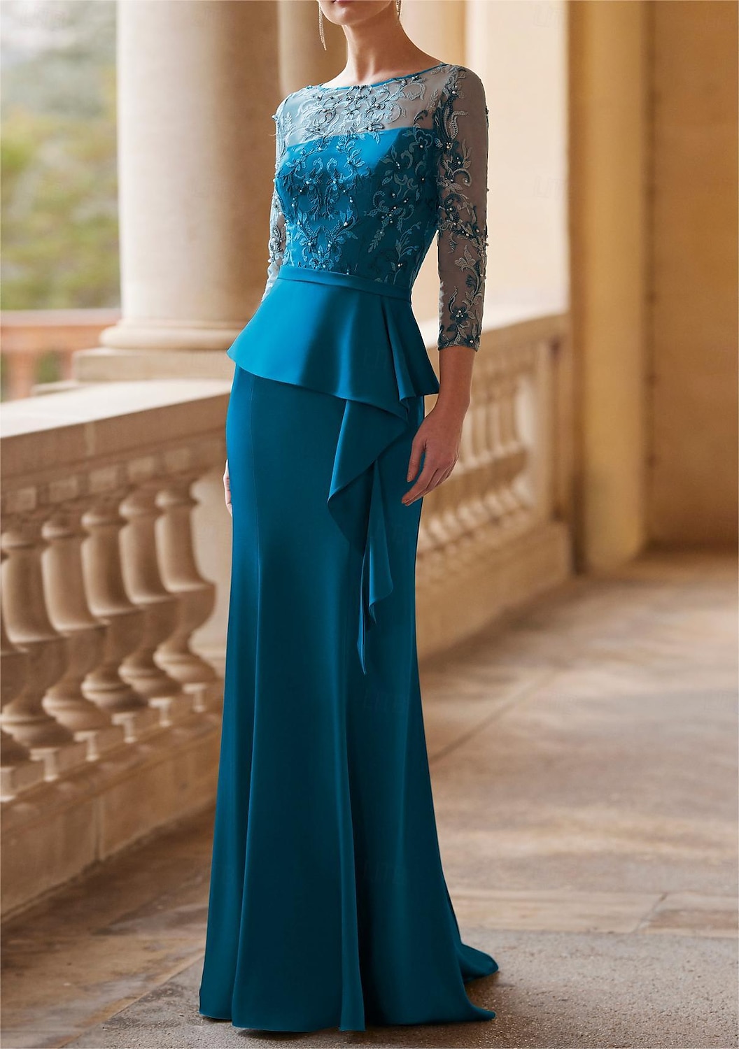 Meerjungfrau Mutter der Braut Kleid Elegantes Vintage Party Illusionshals Schmuckhals Bodenlang Spitze Stretchstoff 3/4-Langen Ärmel Halber Ärmel mit Band  Schleife Raffung Perlen 2025 2025 - $204.99 –P1