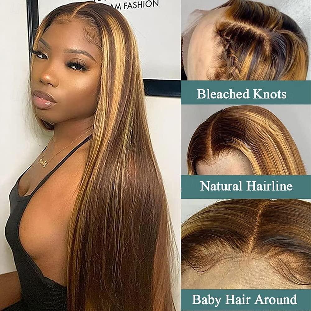 P4/27 Highlight Wigs Pre Plucked Highlight Ombre Lace Front Wig Human Hair Omber P4/27 Hair Wig with Natural Hairline 13X4 HD Transparent Straight Lace Frontal Wigs For Women Brazilian Remy Hair Wig 2025 - $131.99 –P2