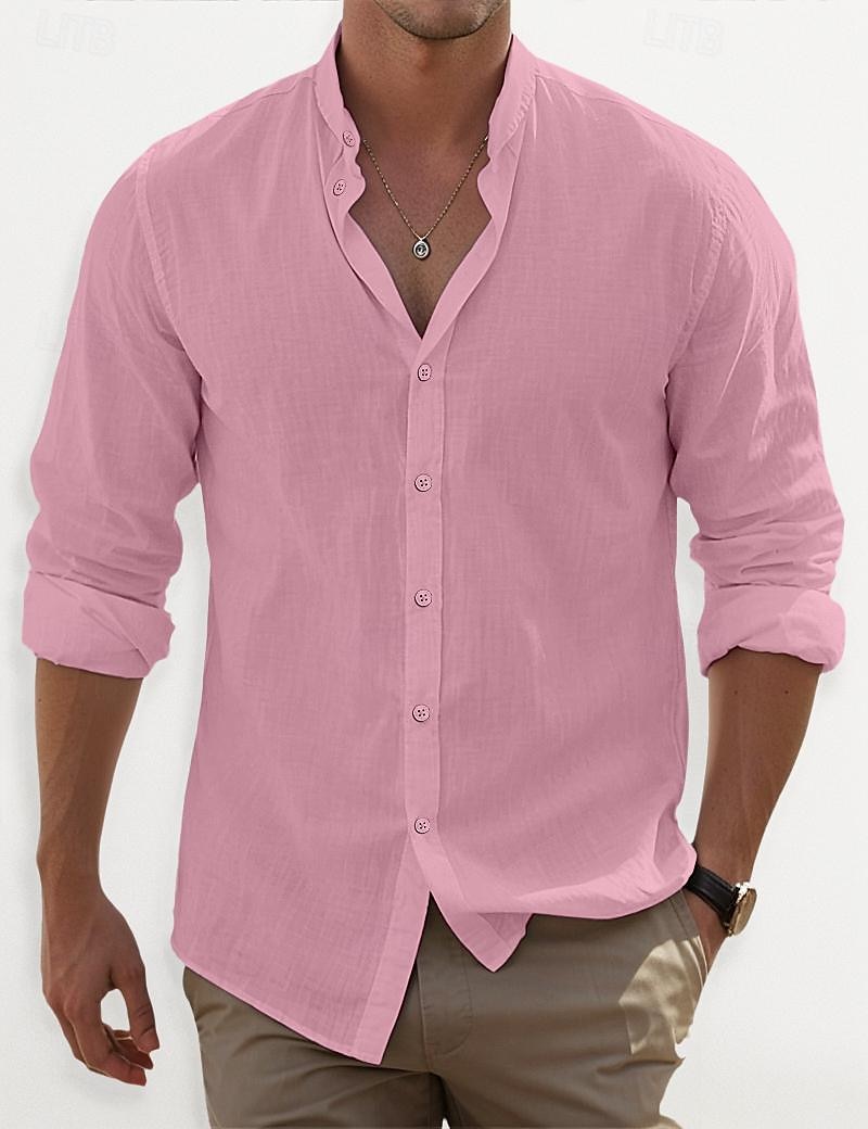 Voor heren Overhemd Overhemd met bandkraag Zomer overhemd Strand Kleding Overhemd met knopen Effen Casual Dagelijks Zwart Wit Blozend Roze blauw Lange mouw Band Kraag Lente zomer Kleding 2025 - $22.99 –P5