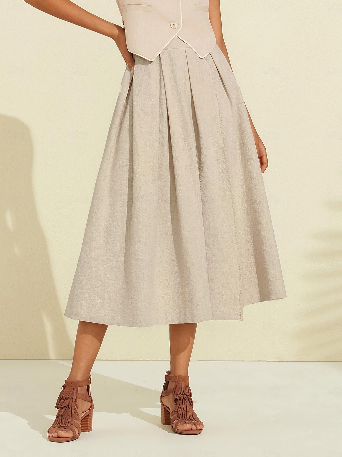 Women's Linen Blend Khaki Box Pleated Midi Skirt 2025 - $72.99 –P1