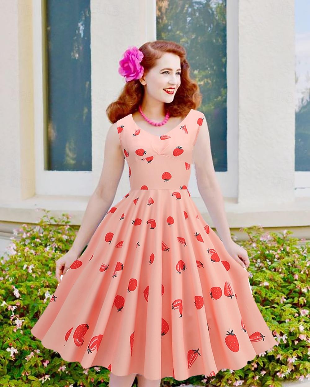 Retro Vintage 1950s Midi Dress A-Line Dress Swing Dress Strawberry Cherry  Flower Fancy Dress Women's Masquerade Masquerade Date Party / Cocktail  Adults' Dress Homecoming Dresses 2026 - GBP 32