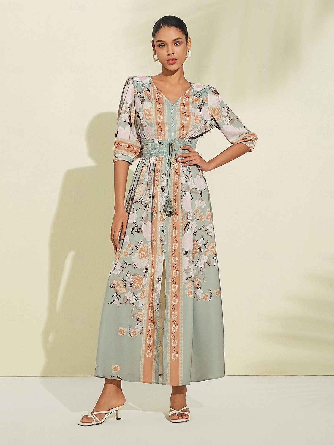 Robe longue en satin vert à fleurs, col en V, manches bouffantes, pour invités de fête/mariage, pour impressionner 2024 de 2025 ? $108.99 –P1