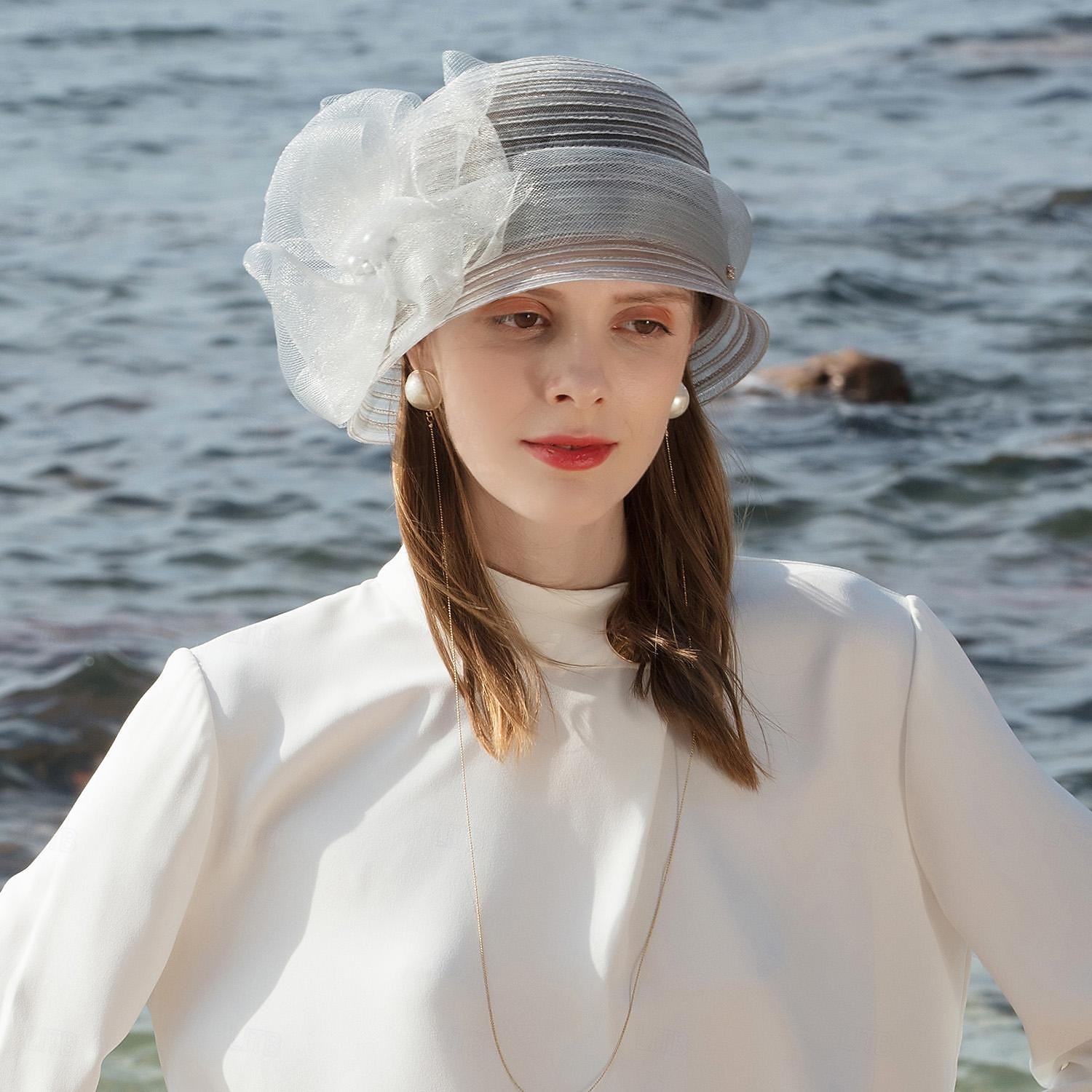 Hatter Fiber Bøttehatt Solhatt Bryllup Te Fest Elegant Bryllup Med Blomster Perledetaljer Hodeplagg Hodeplagg 2025 - $35.99 –P13