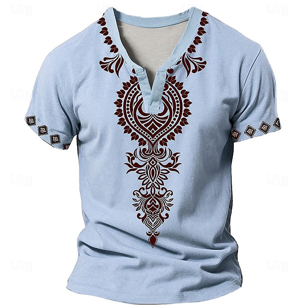 Herren Barock- T Shirt Henley Shirt Kurzarm 3D-Druck Designer Ethnisch Casual Täglich Sommer Blau Khaki V Ausschnitt Henley Henley T-Shirt 2025 - $23.99 –P4