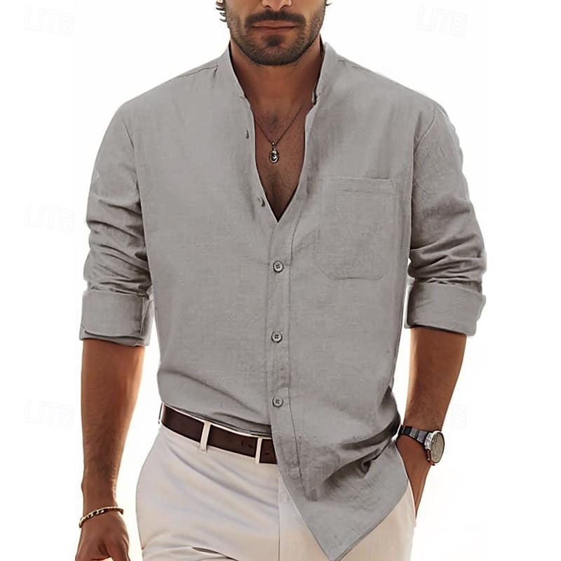 Per uomo Camicia Camicia in lino e cotone Camicia in cotone bianco Camicia con colletto cinese Camicia con colletto alla coreana Maglietta informale Liscio Da mare Hawaiano Nero Bianco Vino Blu marino del 2025 a $19.99 –P7