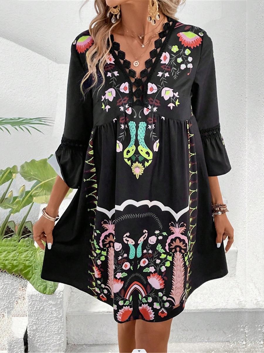 Damen Minikleid Casual kleid Sommerkleid Boho-Kleid Stilvoll Brautkleider schlicht Urlaub Täglich Verabredung Regular Fit Blumen 3/4 Ärmel V Ausschnitt Schwarz Rote Fuchsie Aprikose Sommer 2025 - $27.99 –P13