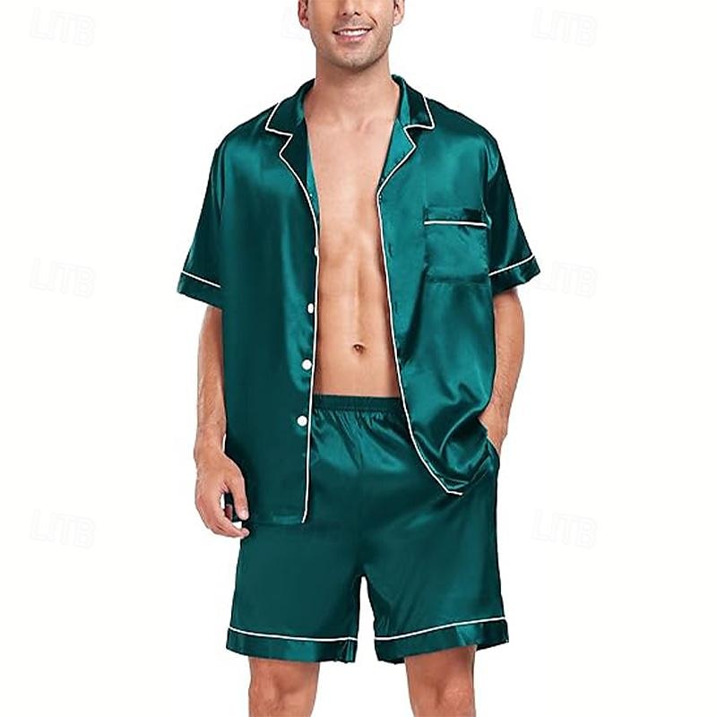 Homens Roupa de Dormir Conjunto de Pijama Top e shorts de pijama 1conjunto Tecido Moda à moda Clássico Casa Diário De Cama Poliéster Conforto Respirável Macio Lapela Manga Curta Camisa Social Calção de 2025 por $9.59 –P11