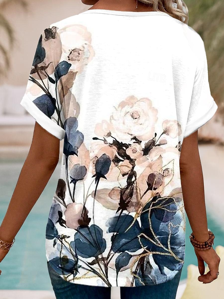 Dame T-skjorte Blomstermønster V-hals Kort erme Fritidstopp Lys rosa Marineblå Multifarge Størrelser Vår Sommer Daglig bruk Komfortabel Bluse 2025 - $19.99 –P2