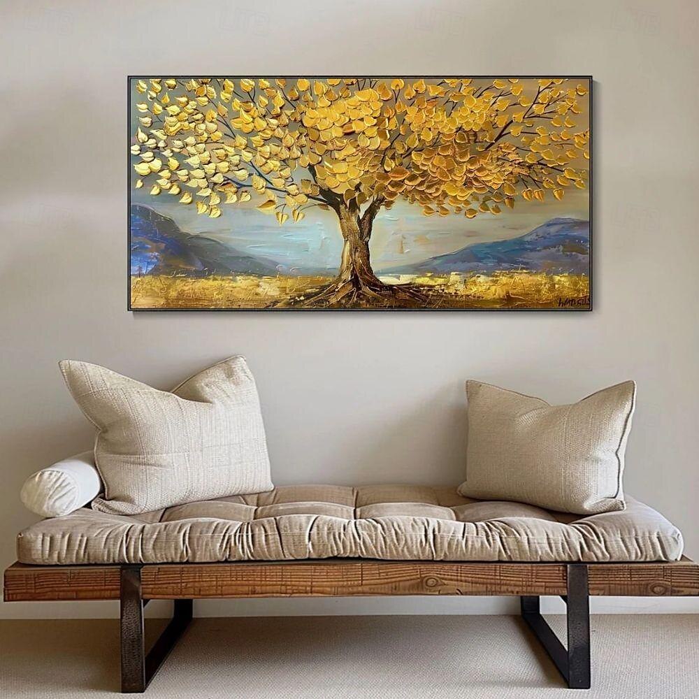 handgemachtes Ölgemälde auf Leinwand, Wandkunst, Dekoration, goldene Baumlandschaft für die Inneneinrichtung, gerolltes, rahmenloses, ungedehntes Gemälde, goldene Baumlandschaft 2025 - $91.99 –P4