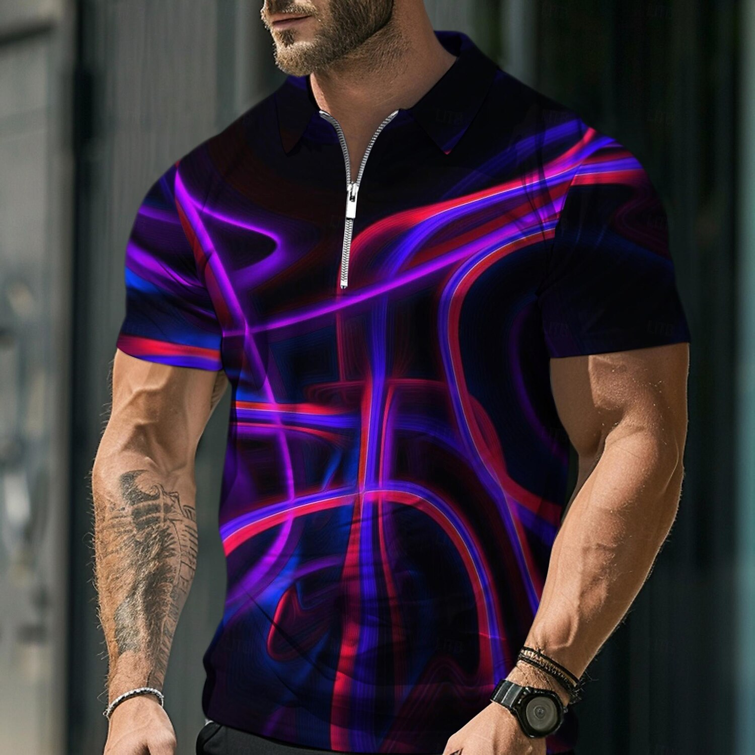 Men's Graphic Neon Zip Polo Shirts Golf Shirt Short Sleeve Polo Shirts Collared Shirts Casual Vacation Wear Rave Wear Party Outfits 3D Print Quarter Zip Polo Summer Spring Black Blue Purple 2025 - $22.99 –P5