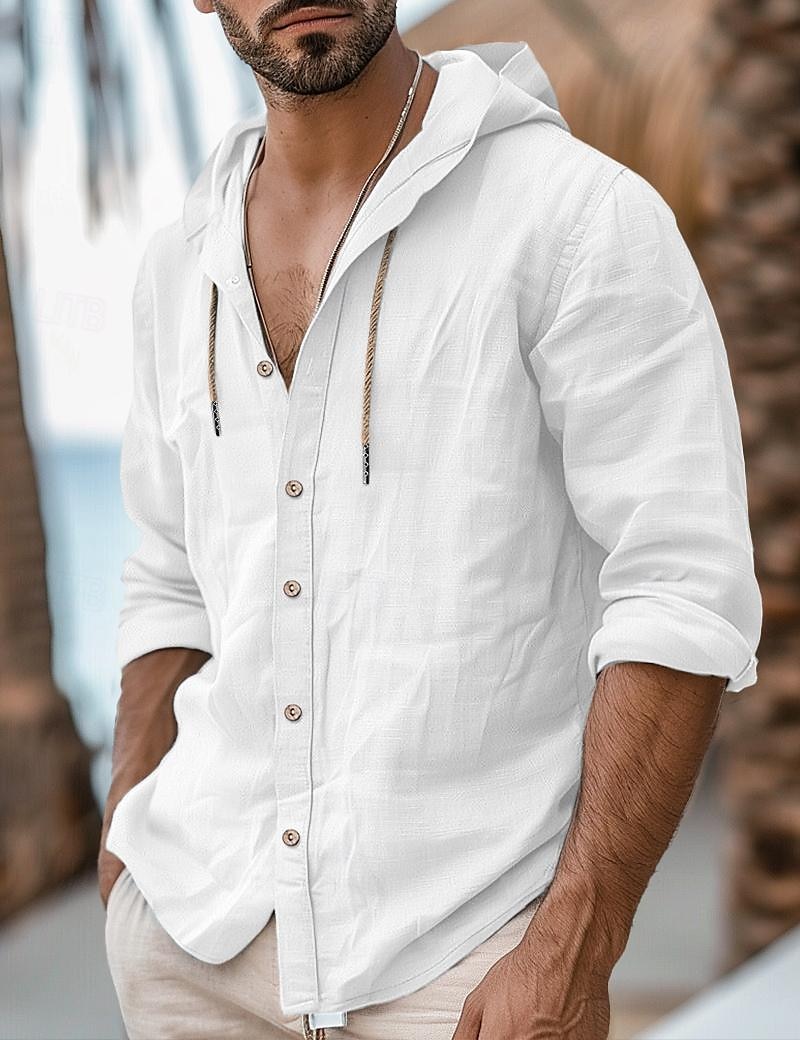 Hombre Camisa camisa de lino Plano Casual Diario Negro Blanco Azul Piscina Caqui Manga Larga Con Capucha Primavera verano Ropa Botones 2025 - $25.99 –P5