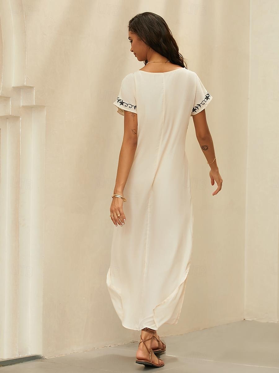 Women's Embroidered Vintage Dress Long Dress Maxi Dress Floral V Neck Short Sleeve Summer Spring White 2024 - $45.99 –P6