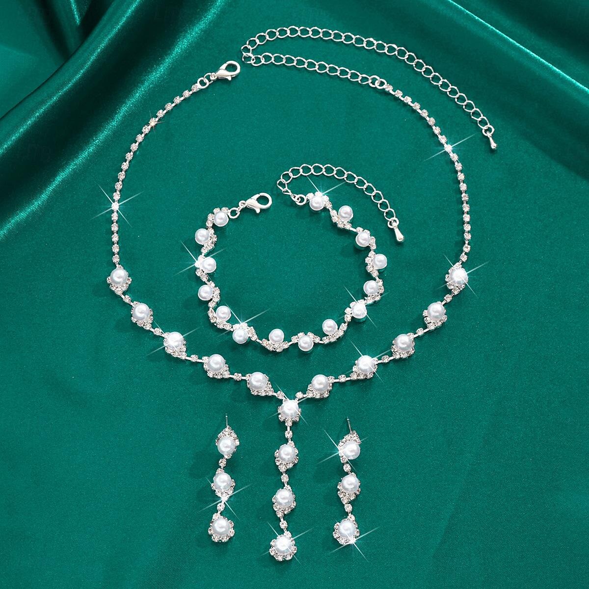 Sieradenset 4 stuks Imitatieparel Strass Oorbellen Kettingen Armbanden Dames Elegant Modieus leuke Style meetkundig Geometrische vorm Sieraden set Voor Bruiloft Feest Vuosipäivä 2025 - $17.49 –P3