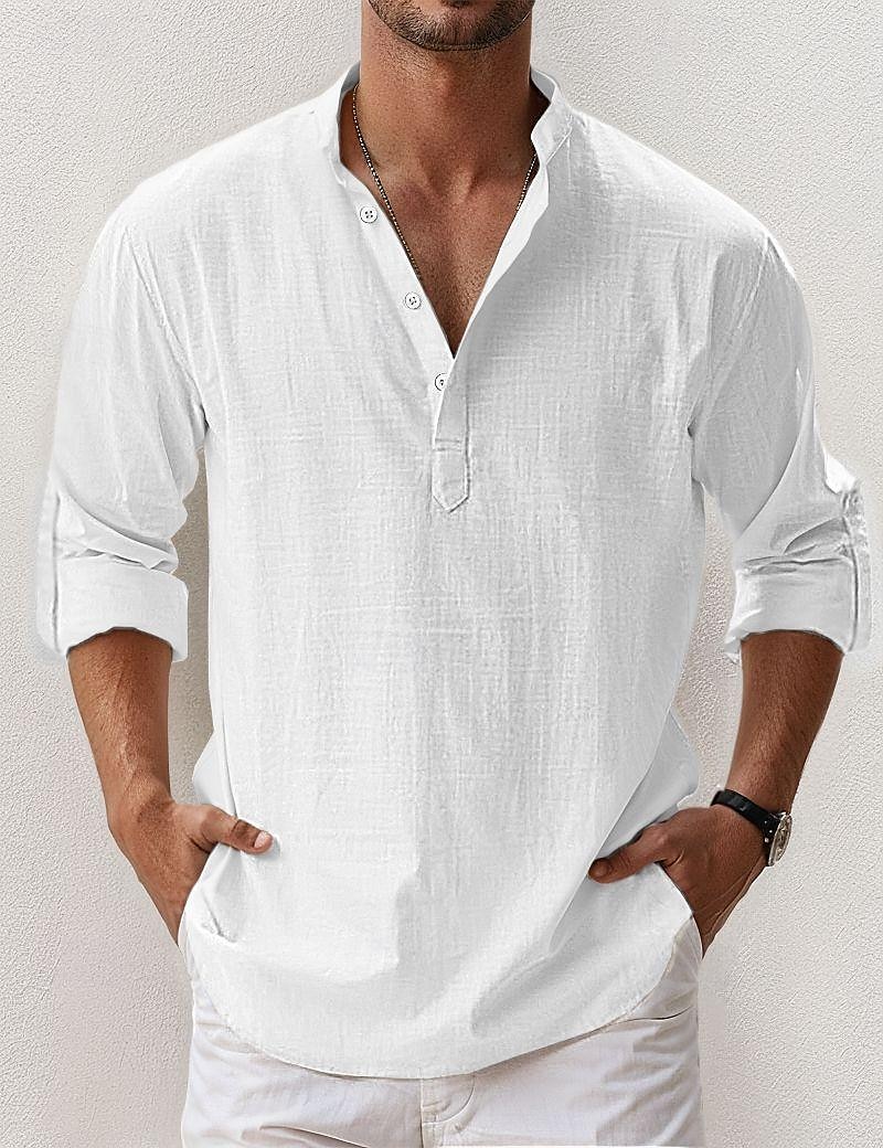 Voor heren Linnen overhemd Popover-shirt Zomer overhemd Strand Kleding Normaal shirt Overhemd met bandkraag Effen Vakantie Hawaii Zwart Wit Blozend Roze blauw Lange mouw Henley Lente zomer Kleding 2026 - $25.99 –P8