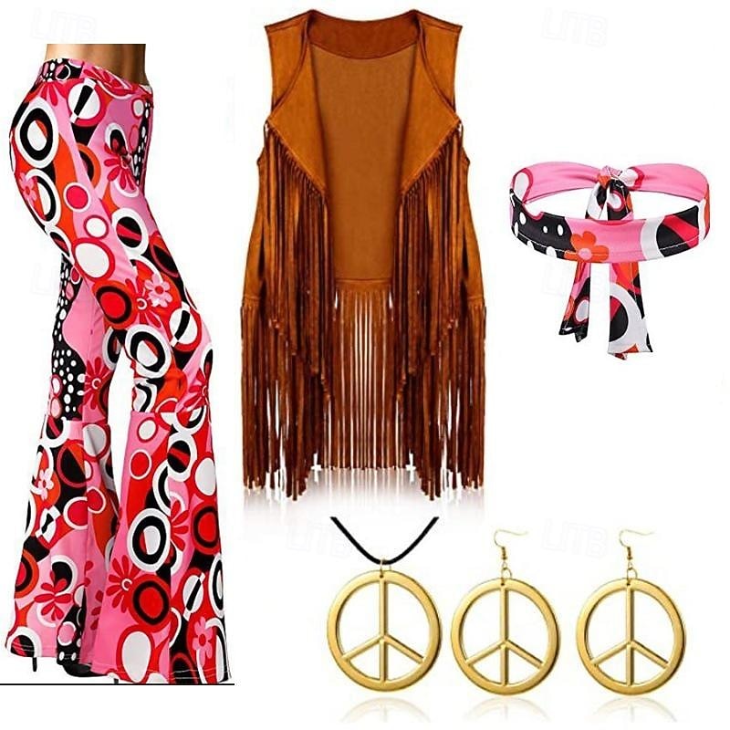 Hippie Scheibe Retro Vintage 1960er Hippie 1970er Hosen Cosplay Kostüm Austattungen Weste Stirnband Damen Mädchen Quaste Halskette Ohrringe Jahrgang Karnival Maskerade Ärmellos Weste Schlager Outfit 2026 - $57.99 –P2