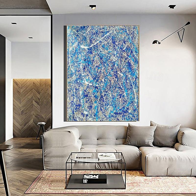 handmålad jackson pollock abstrakt illustration målning blå vita linjer kanfasmålning för vardagsrumsvägg (ingen ram) 2025 - $108.99 –P8