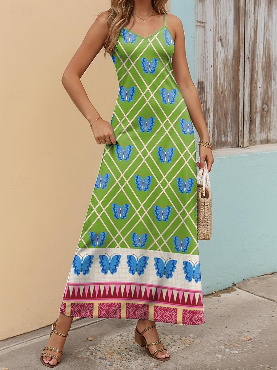 Frauen Maxi Kleid Sommerkleid Blumen Kleid Sommerkleid Bohemia Stylisch Fließend Urlaub Lässig Date Lockere Passform Ölmalerei Ärmellos V-Ausschnitt Schwarz Blau Orange Grün Sommer Frühling 2025 - $28.99 –P3