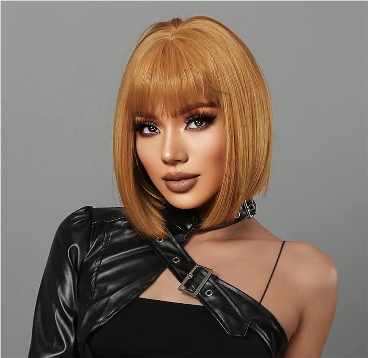 Short Bob Wig with Bangs Heat Resistant Synthetic Straight Wigs for Women Cute Dark Ash Blonde blended with Blonde 10 inches Light Brown Black Brown Light Blonde Blonde 2025 - $20.99 –P4
