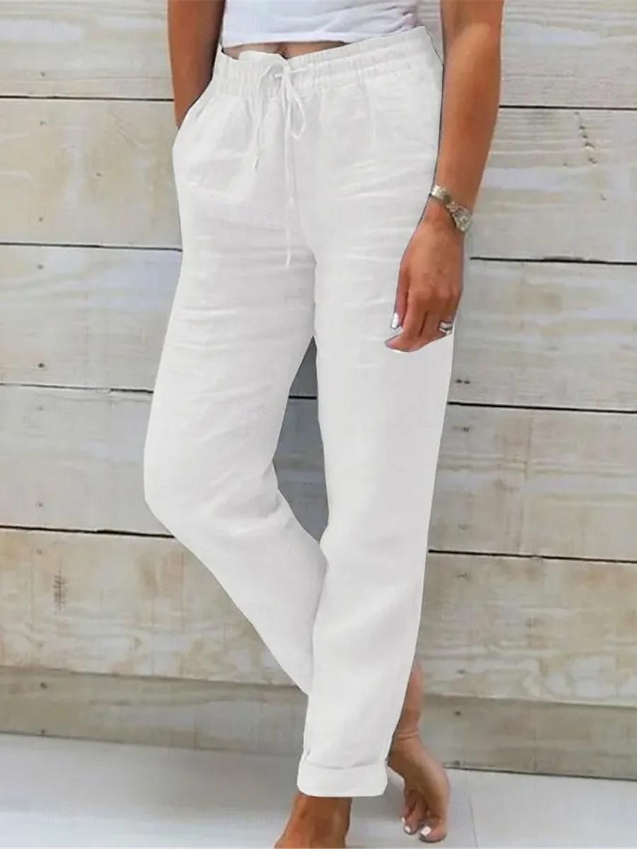 Mujer Pantalones de lino y algodón Chinos Pantalones Básico Casual Largo Alta cintura Plano Bolsillo Diseño de cordón elástico Corte alto Transpirabilidad Suave Microelástico Calle Ropa Cotidiana 2025 - $18.99 –P6