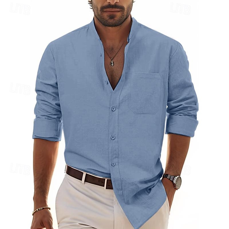 Per uomo Camicia Camicia in lino e cotone Camicia in cotone bianco Camicia con colletto cinese Camicia con colletto alla coreana Maglietta informale Liscio Da mare Hawaiano Nero Bianco Vino Blu marino del 2025 a $19.99 –P9
