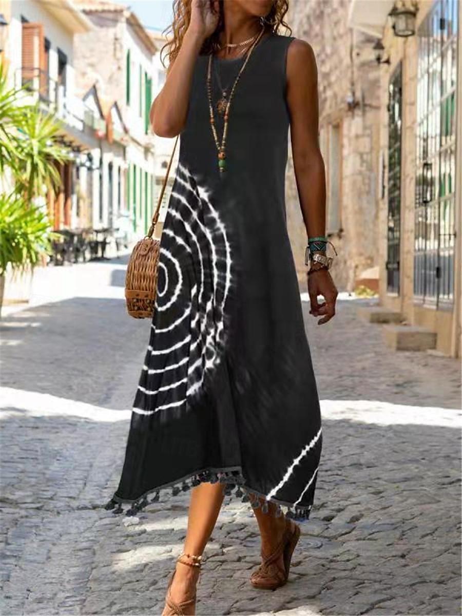 dames midi-jurk bohemian mouwloos ronde hals tie-dye franje detail strand casual blauw wit one size zomer mode kleding kleding 2025 - $15.99 –P2
