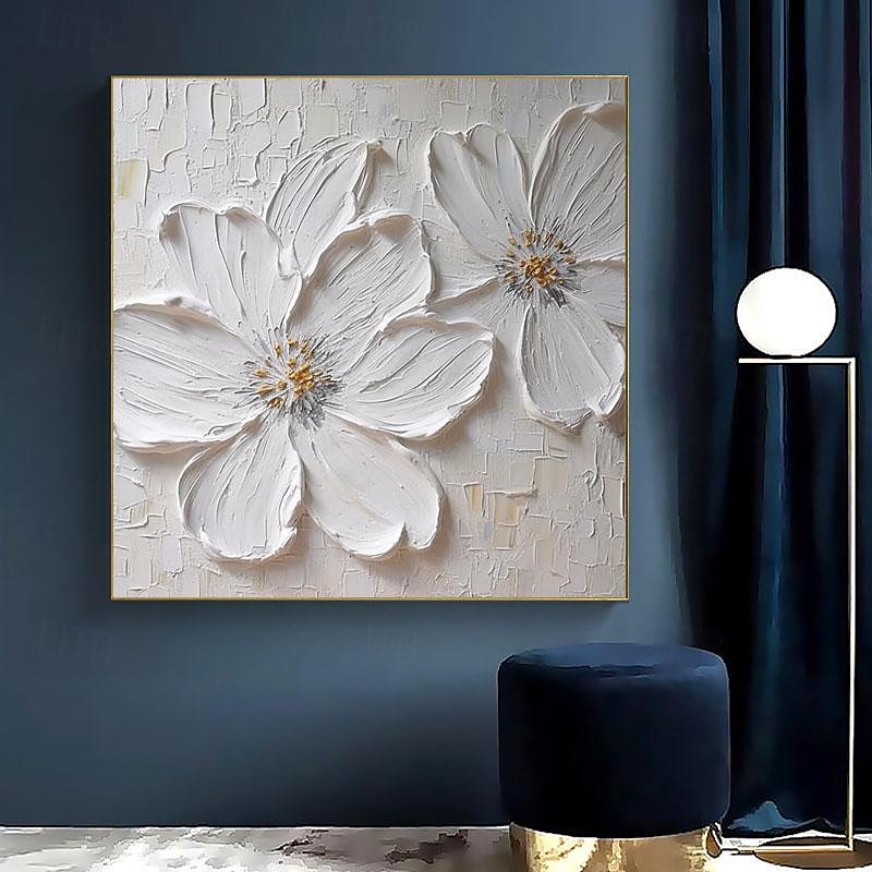 abstraktes, dickes Ölgemälde mit weißer Blume, modern, 100 % handgefertigt, weiße Leinwand, Gemälde, Wandkunst für Wohnzimmer, rahmenloses Dekor, gespannter Rahmen, fertig zum Aufhängen oder ungerahmt 2025 - zł418.99 –P6