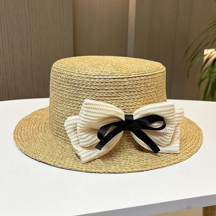 Klobouky Doplňky do vlasů akryl / bavlna Sláma Slamák Sluneční klobouk Dovolená Plážové Elegantní Romantické S Mašle Čistá Barva Přílba Pokrývky Hlavy 2025 - $23.99 –P5