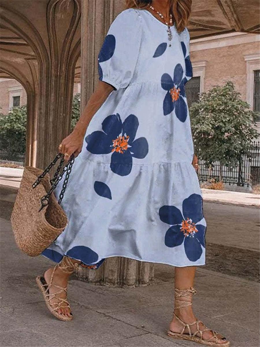 robe décontractée pour femme, imprimé floral, col ras du cou, robe midi élégante, rendez-vous quotidien, manches mi-longues, été de 2025 ? €32.99 –P3