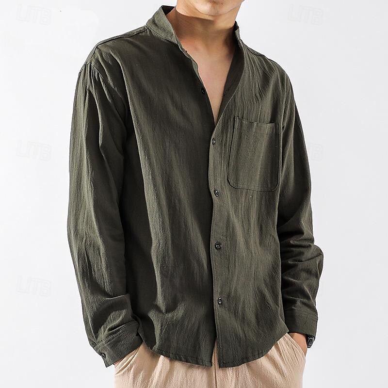 Per uomo Camicia in cotone e lino Camicia con colletto cinese Camicia con colletto alla coreana Semplice Vacanza Nero Bianco Verde militare Manica Lunga Colletto alla coreana Abbigliamento Tasca del 2025 a $25.99 –P11