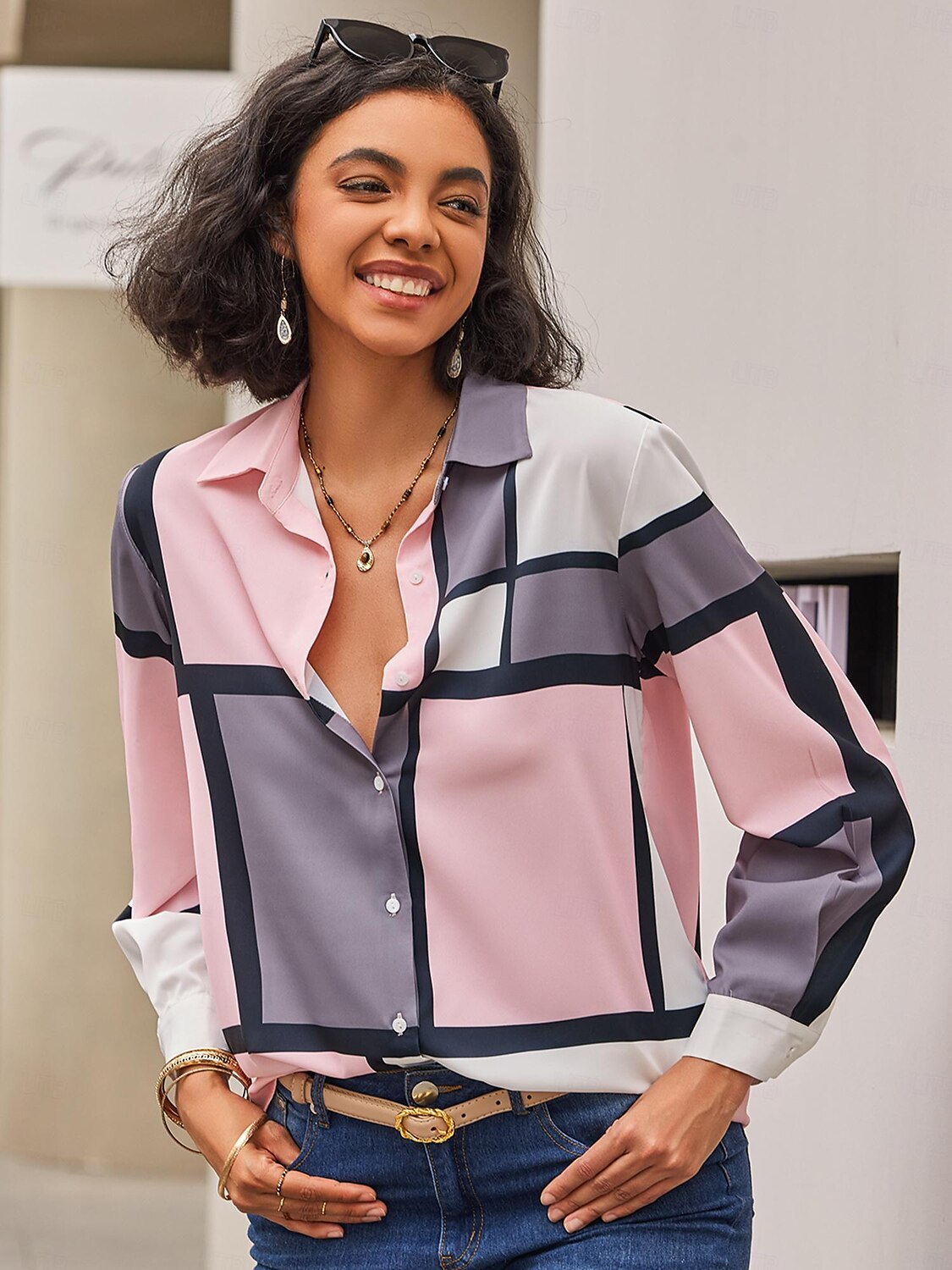 Camicia Donna Moda Flanella Stampa Bottoni Maniche Lunghe Top Regolari Collo Camicia Casual Rosa Viola Primavera Autunno del 2025 a $32.99 –P16