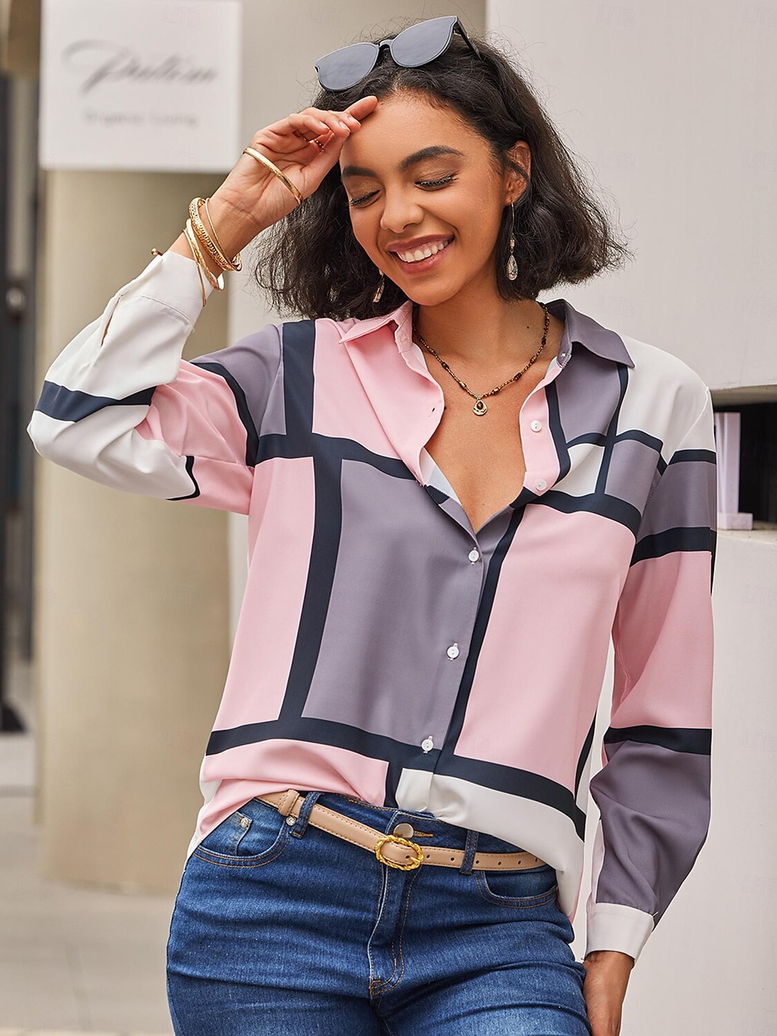 Camicia Donna Moda Flanella Stampa Bottoni Maniche Lunghe Top Regolari Collo Camicia Casual Rosa Viola Primavera Autunno del 2025 a $32.99 –P17