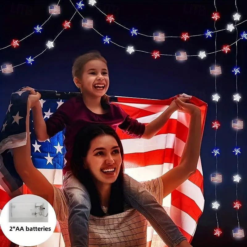 Патриотичные светодиодные гирлянды Декор для Дня независимости 2 м 20 LED для Дня независимости 4 июля 250-й юбилей День памяти работающие от батареек звёздные огоньки праздничное украшение для дома 2026 - $9.99 –P11