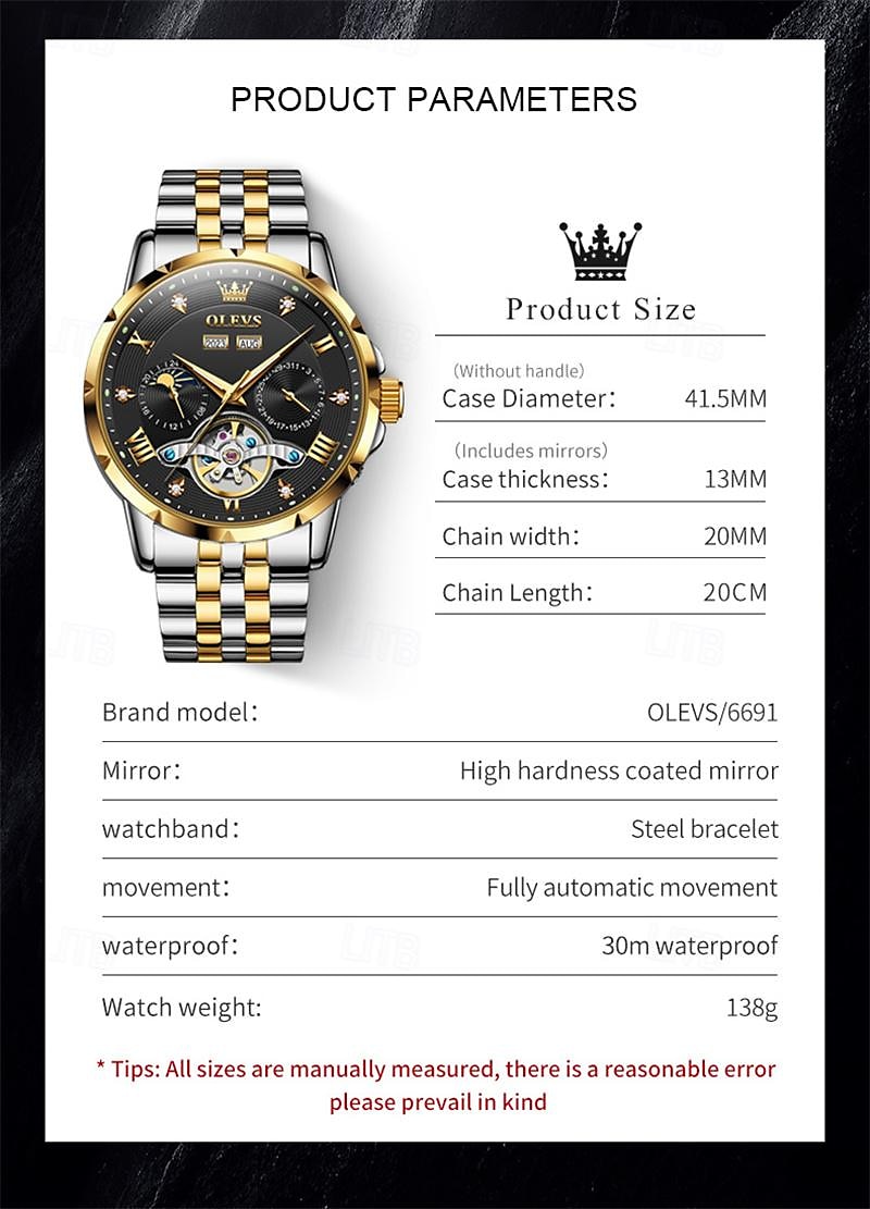 New Brand Olevs European Men'S Fashion Trend Business Watch Luminous Calendar 24-Hour Indication Week Multi-Functional Mechanical Watch Steel Band Waterproof Sports Casual Men'S Watch 2025 - $91.99 –P10